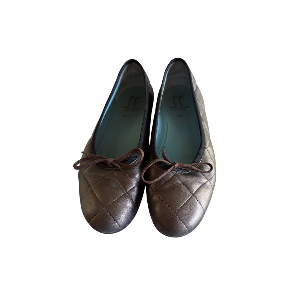 Thierry Rabotin Ballet Flats Bronze Quilted Leather Bow Italian Made 38.5